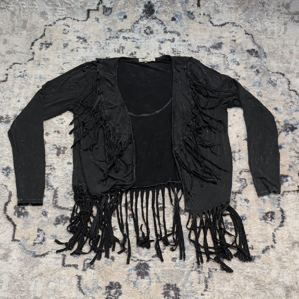 Indigo Thread Co. Black Fringe Boho Cardigan – Size S
